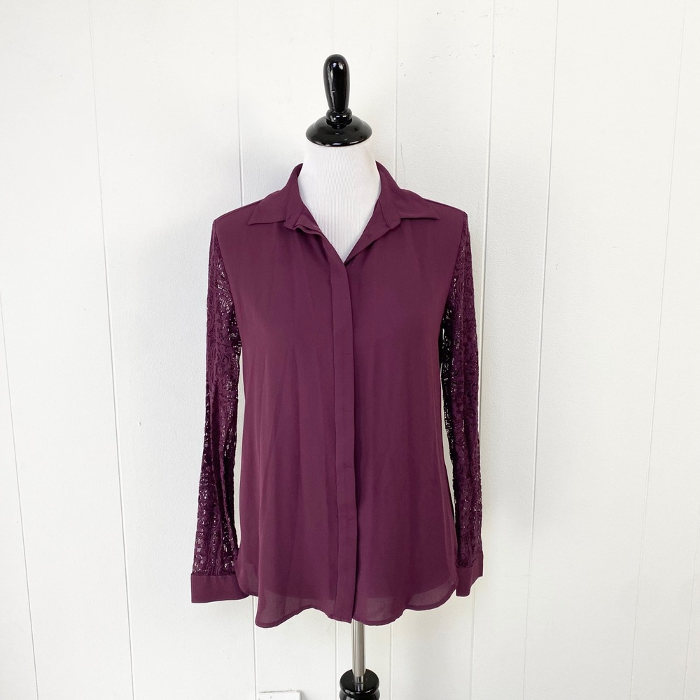 LOFT Plum Purple Lace Long Sleeve Hidden Button Front Blouse Size Small